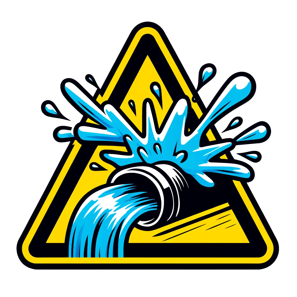 DALLE 2025 02 10 15.38.50 A bold and clear warning sign illustration of a water leak. The image features a broken pipe with a large amount of water forcefully gushing out in mu